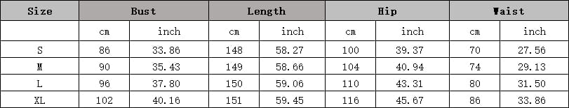 The size chart for the black gold large swing sequined evening dress displays measurements in centimeters and inches for sizes S through XL.