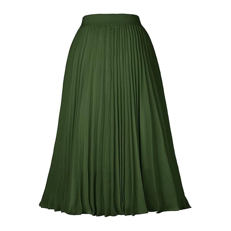 A dark green pleated midi large swing casual skirt made of smooth flowing fabric with an elastic waistband.