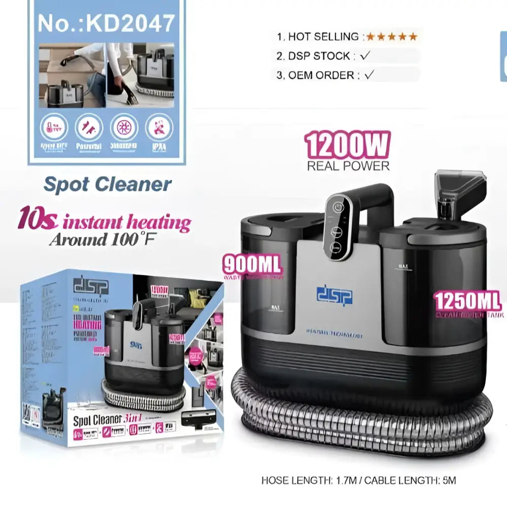 Black and silver 3in1 stain removal cleaner carpet sofa with coiled hose and 900ml 1250ml water tanks control panel