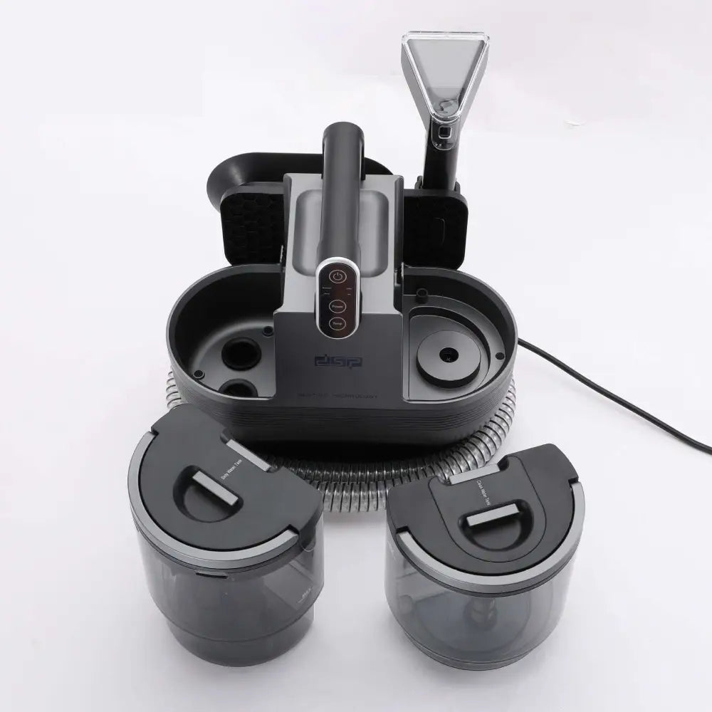 Black and silver ecovacs 3in1 stain removal cleaner carpet sofa with coiled hose and two transparent dust bins attached