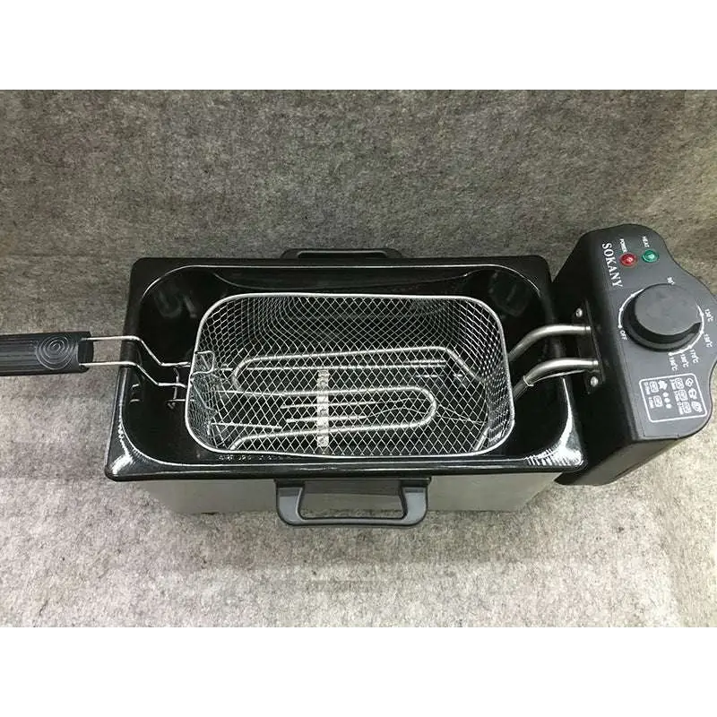 Black 3l electric french fries fryer with silver mesh basket and control panel for making golden french fries
