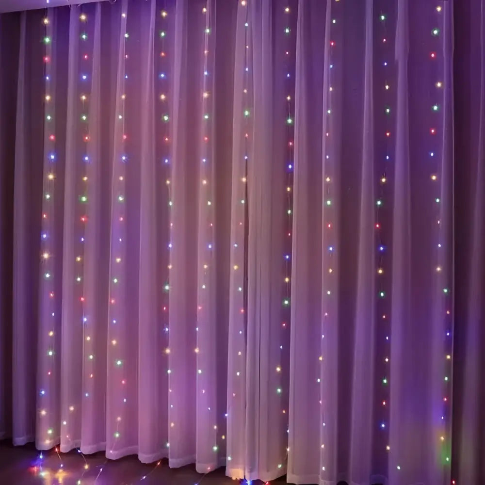 A 3m x 3m sheer translucent curtain with vertical strings of colorful led usb metallic christmas curtain lights