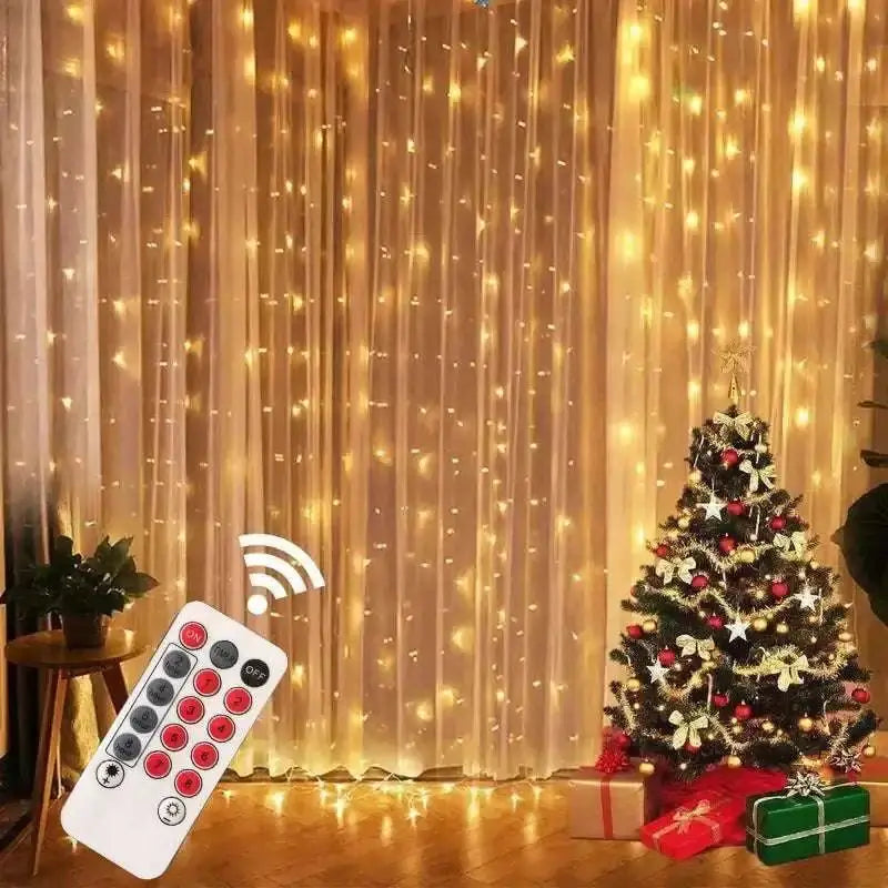 Warm golden 3m x 3m usb metallic christmas curtain lights with 300 led and remote control for adjustable settings