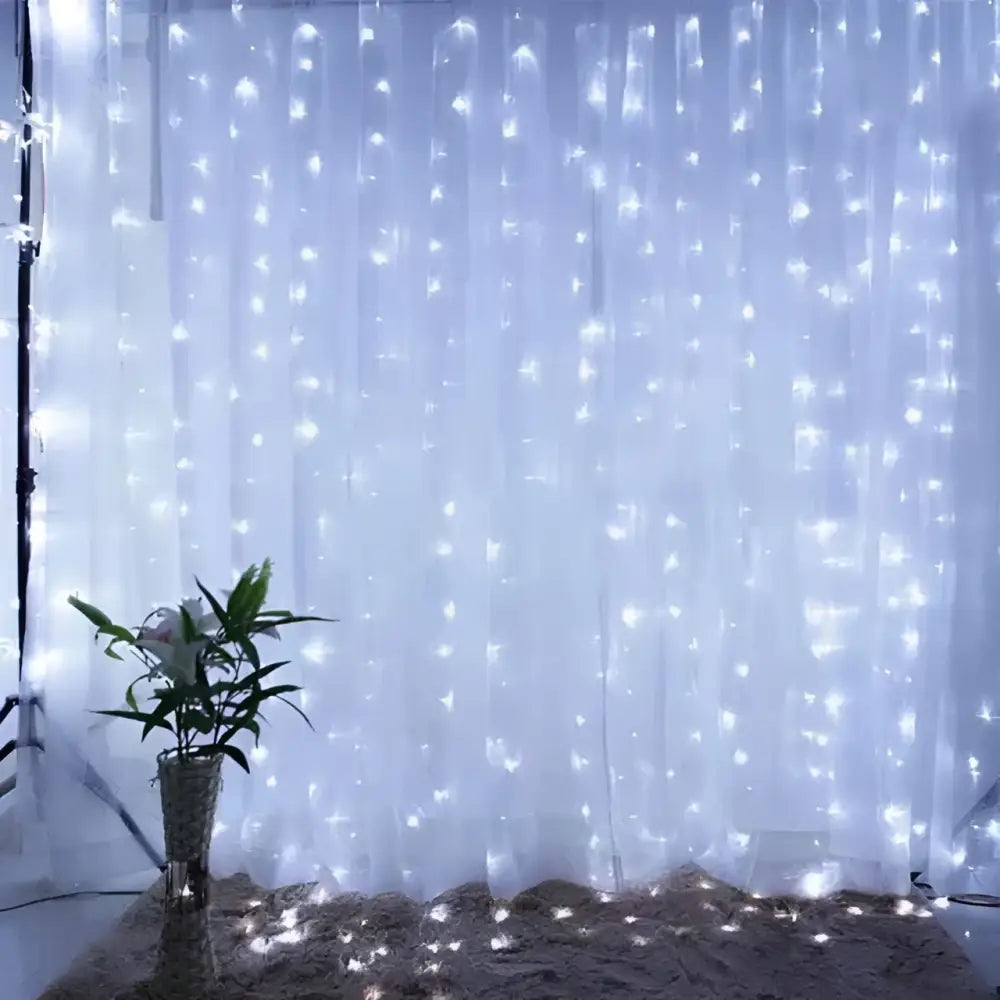 White led usb metallic christmas curtain lights 3m x 3m with 300 bright white bulbs glowing softly