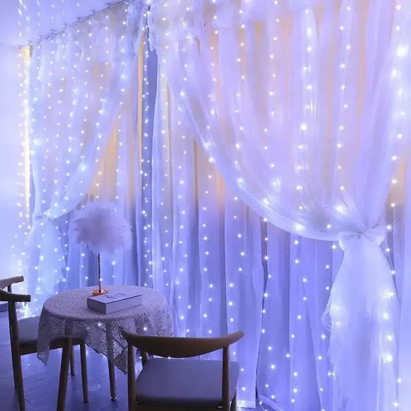 White sheer curtain with 3m x 3m usb metallic christmas curtain lights featuring 300 glowing led bulbs