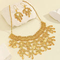 Golden heart-themed choker necklace with intricate filigree detailing and dangling charms in 3pcs fashionable retro luxury hollow necklace earrings set