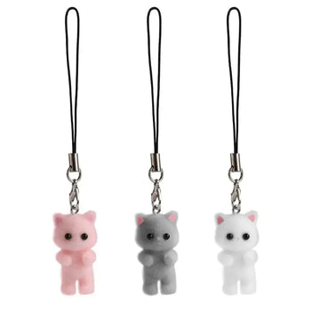 Three plush cat phone charms in pink gray and white as a 3pcs fluffy cat y2k kitten keychain set