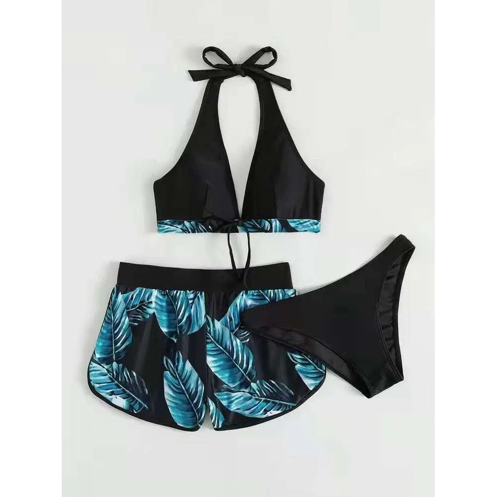 Black halter 3pcs leaf print bikini with gold leaf design and shorts perfect for fashion summer beachwear