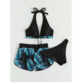 Black halter 3pcs leaf print bikini set with teal leaf pattern and matching high-waisted shorts for summer fashion