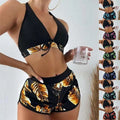 Black halter 3pcs leaf print bikini with gold leaf design and shorts perfect for fashion summer beachwear