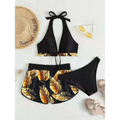 Black halter 3pcs leaf print bikini with gold leaf design and matching high waisted bottoms for summer fashion