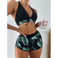 Black halter 3pcs leaf print bikini set with green tropical leaf pattern and adjustable tie details for summer fashion