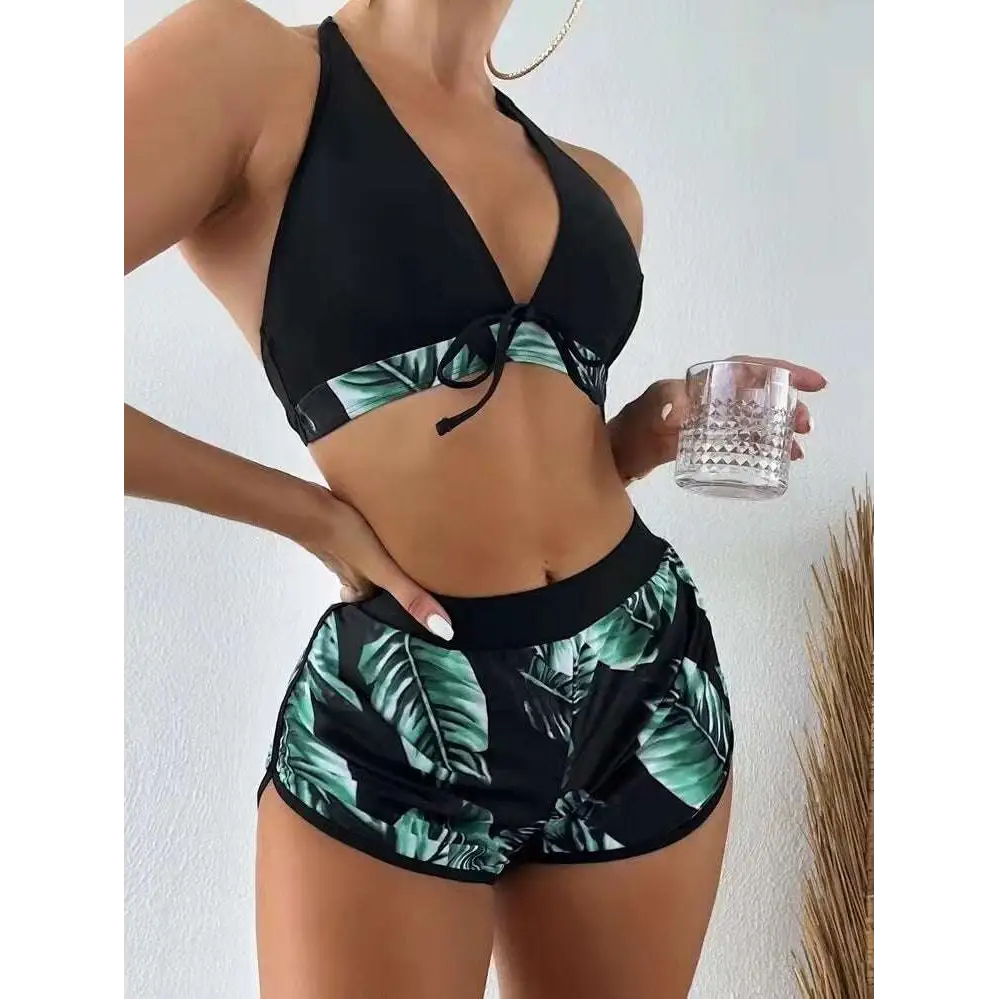Black halter 3pcs leaf print bikini set with green tropical leaf pattern and adjustable tie details for summer fashion