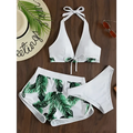 White halter top leaf print bikini with green tropical leaves and matching high-waisted shorts 3pcs leaf print set