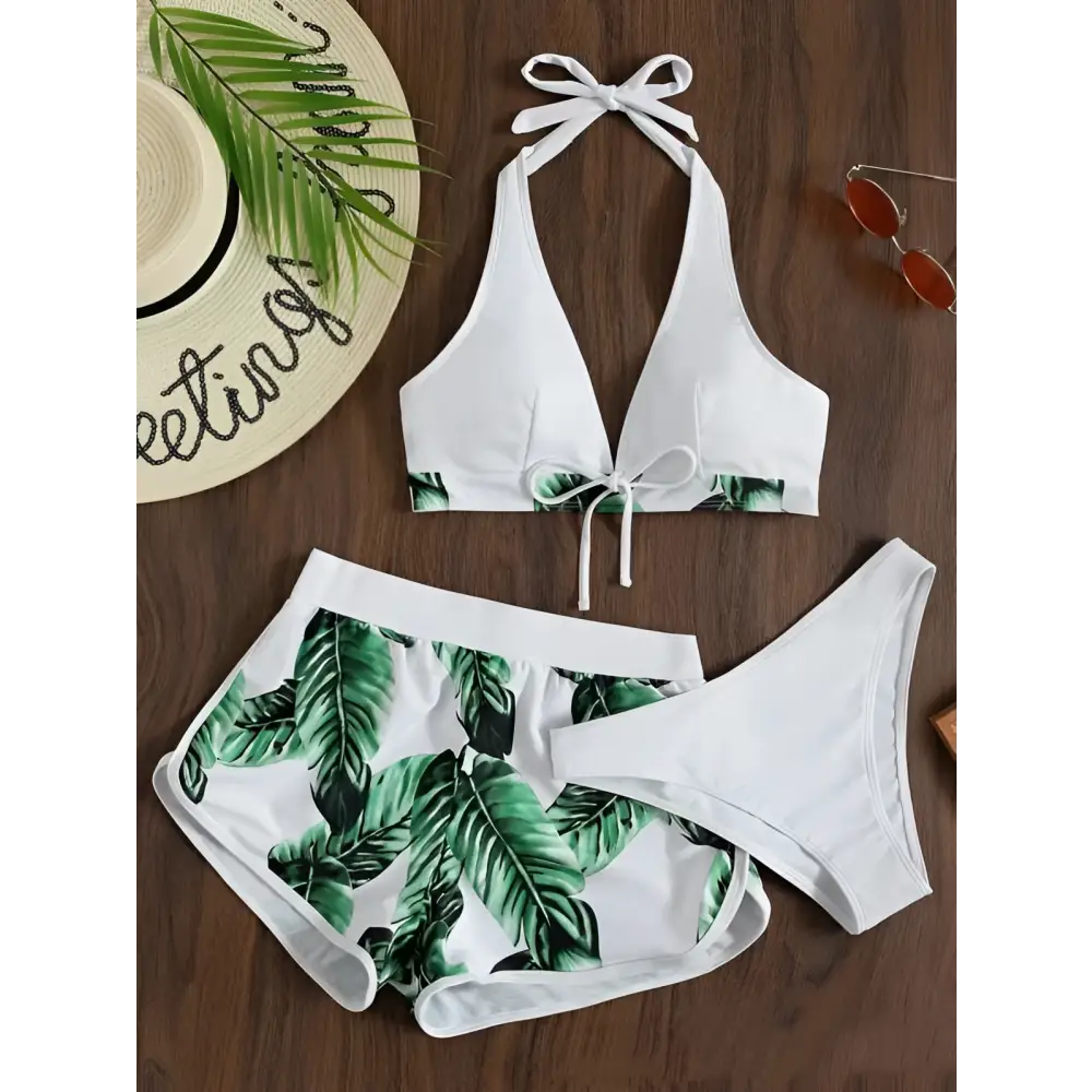 White halter top leaf print bikini with green tropical leaves and matching high-waisted shorts 3pcs leaf print set