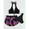 Black halter 3pcs leaf print bikini set with vibrant purple leaf print shorts for fashion summer beachwear