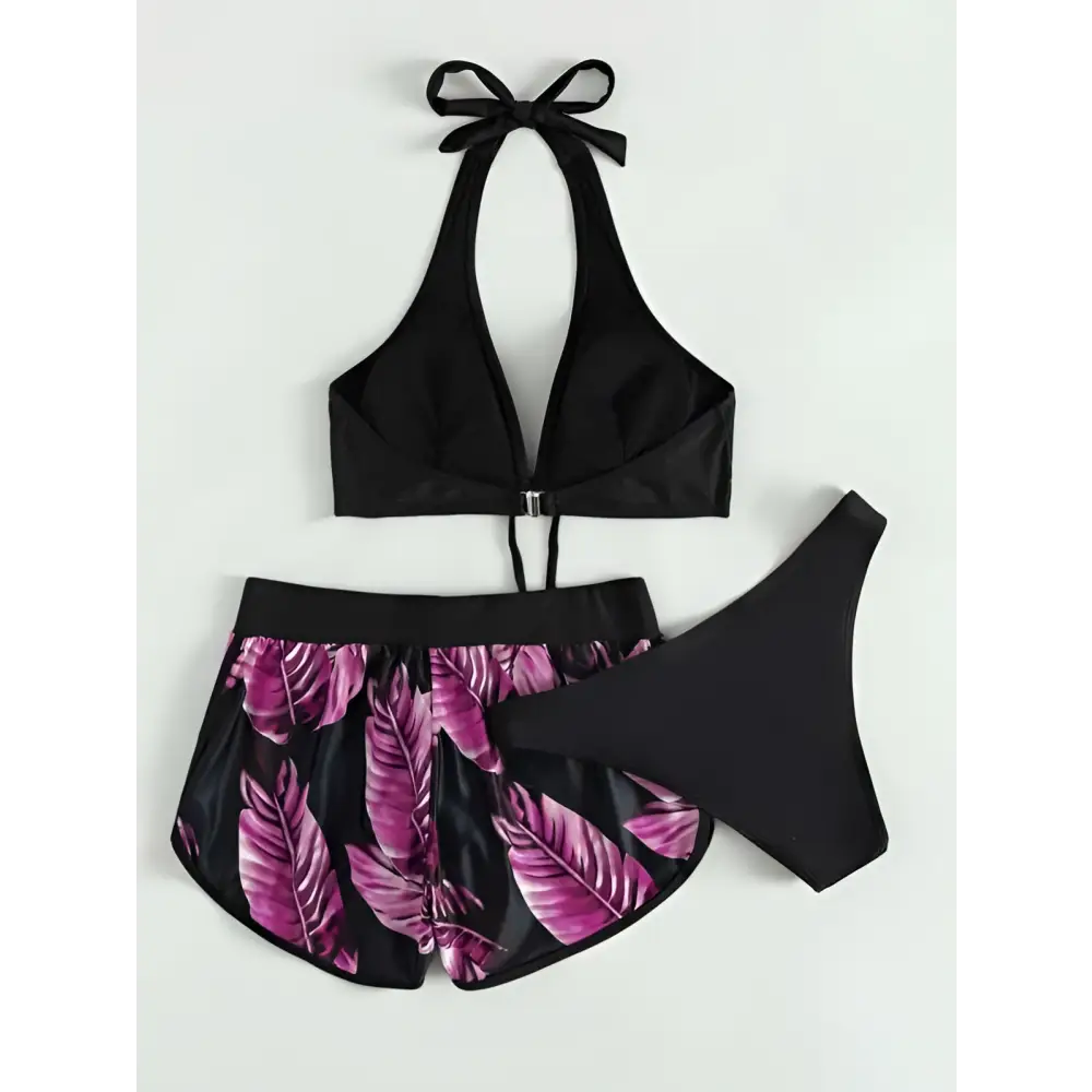 Black halter 3pcs leaf print bikini set with vibrant purple leaf print shorts for fashion summer beachwear