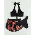 Black halter 3pcs leaf print bikini set with red leaf patterned shorts and matching black bottoms for summer fashion