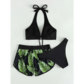 Black halter 3pcs leaf print bikini set featuring green tropical leaf print on the bottom for summer fashion