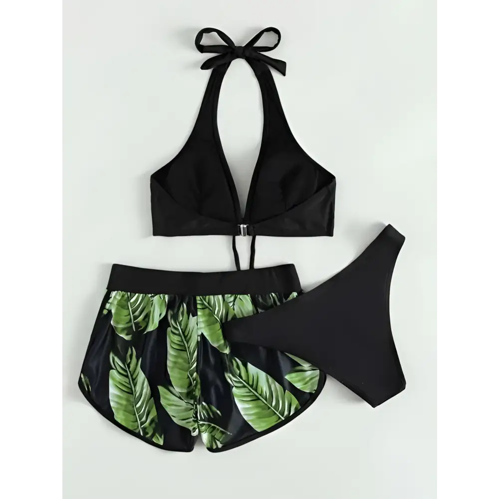 Black halter 3pcs leaf print bikini set featuring green tropical leaf print on the bottom for summer fashion