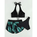 Black halter 3pcs leaf print bikini set with teal tropical leaf print shorts and solid black high-waisted bottom for summer