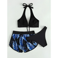 Black halter 3pcs leaf print bikini set with blue tropical leaf print shorts and matching black thong for summer fashion