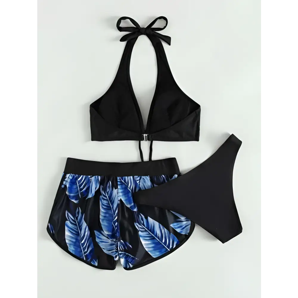 Black halter 3pcs leaf print bikini set with blue tropical leaf print shorts and matching black thong for summer fashion