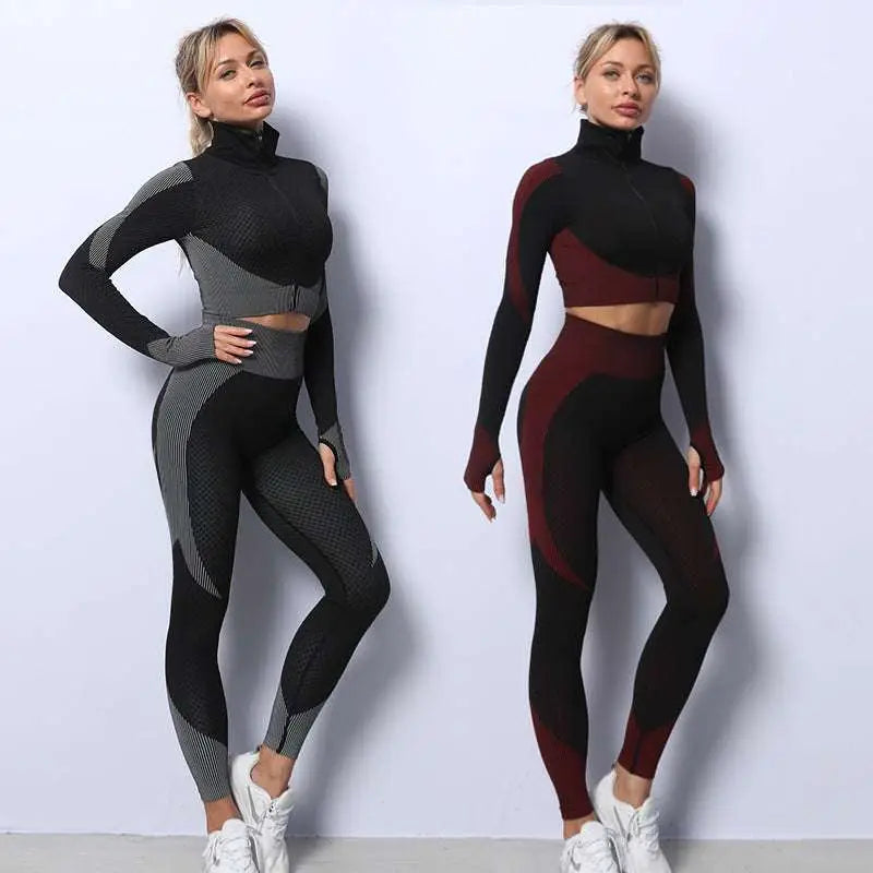 Two women model black 3pcs yoga set with seamless sport ribbed high-neck crop tops and ribbed athleisure leggings