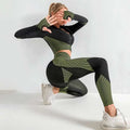 Olive and black mesh-paneled 3pcs yoga set seamless sport ribbed with ribbed athleisure detailing for activewear