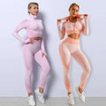 Pink and peach seamless sport ribbed 3pcs yoga set with mesh-paneled high-neck tops and form-fitting leggings ribbed athleisure