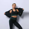Black and dark green seamless sport ribbed 3pcs yoga set with ribbed athleisure texture details for activewear