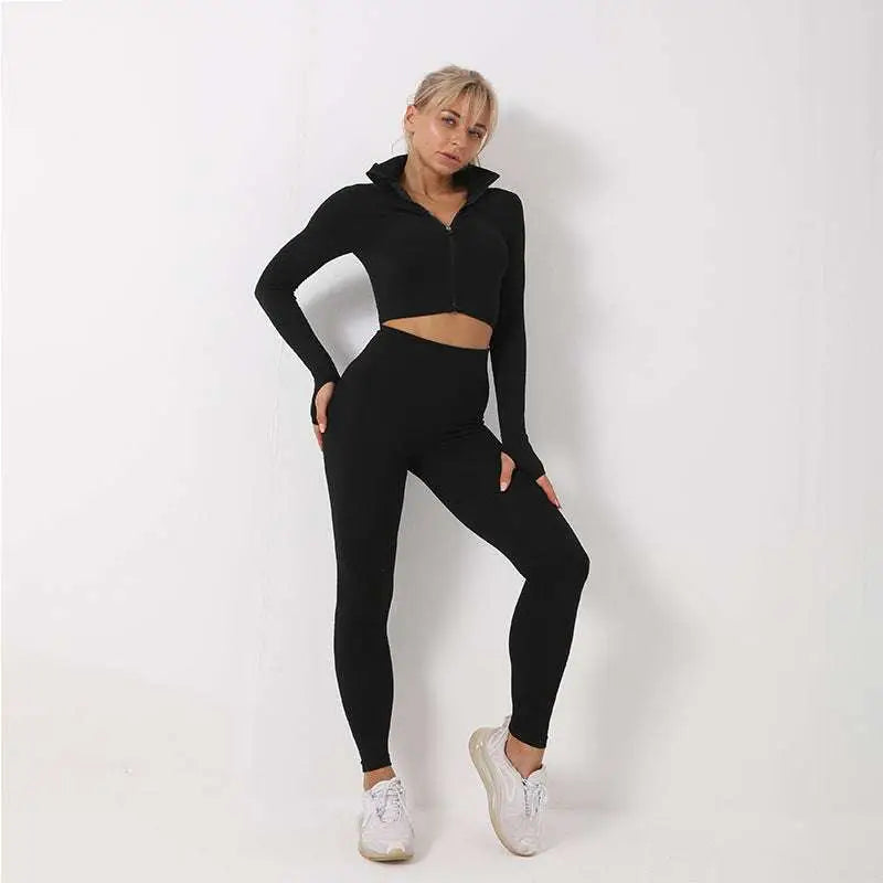 Black long-sleeved zip-up crop top with high-waisted leggings in a 3pcs yoga set seamless sport ribbed athleisure design