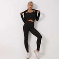 Black and maroon seamless sport ribbed 3pcs yoga set with cut-out details in a ribbed athleisure two-piece top