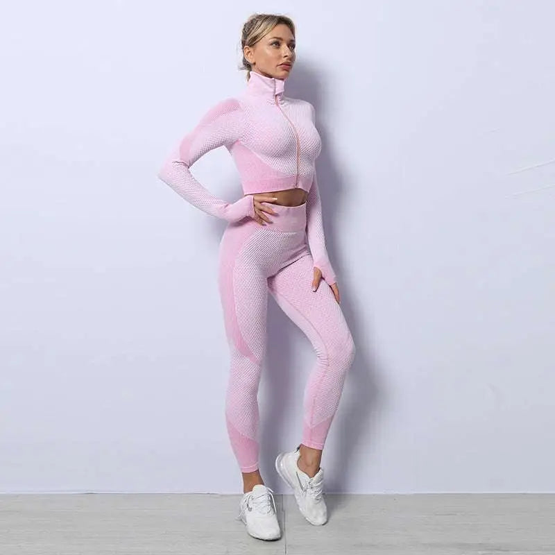 Pink seamless sport ribbed 3pcs yoga set with textured long-sleeve zip-up crop top and matching leggings for ribbed athleisure