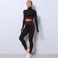 Black and maroon color-blocked seamless sport ribbed 3pcs yoga set with high-neck zip-up crop top and matching leggings