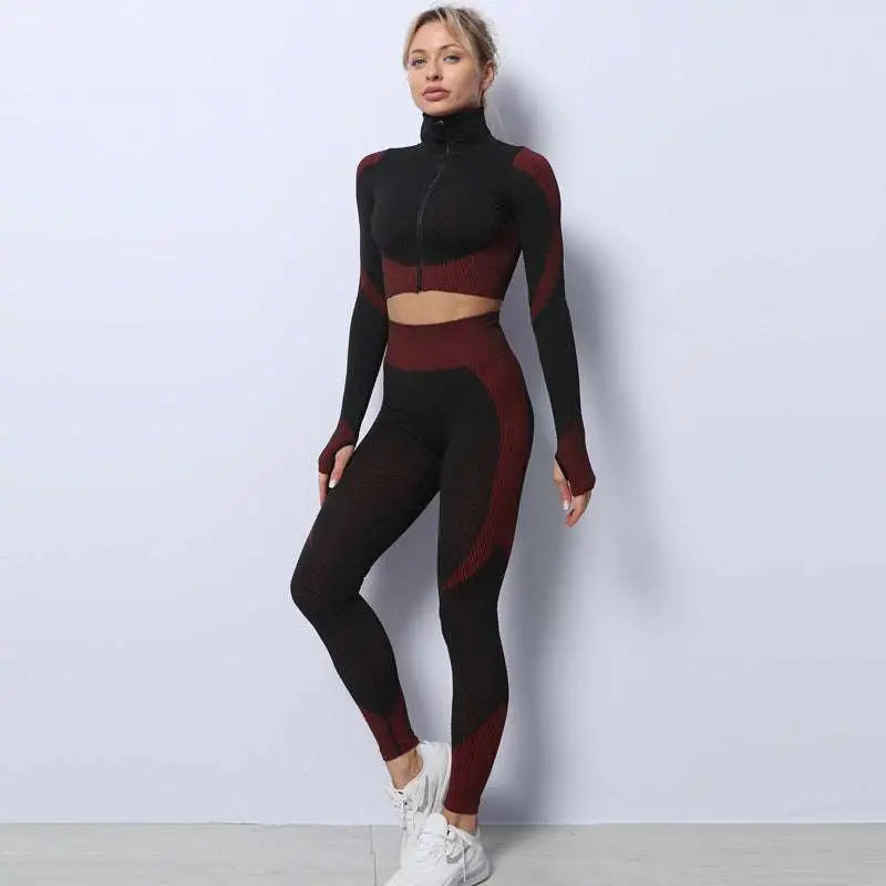 Black and maroon color-blocked seamless sport ribbed 3pcs yoga set with high-neck zip-up crop top and matching leggings