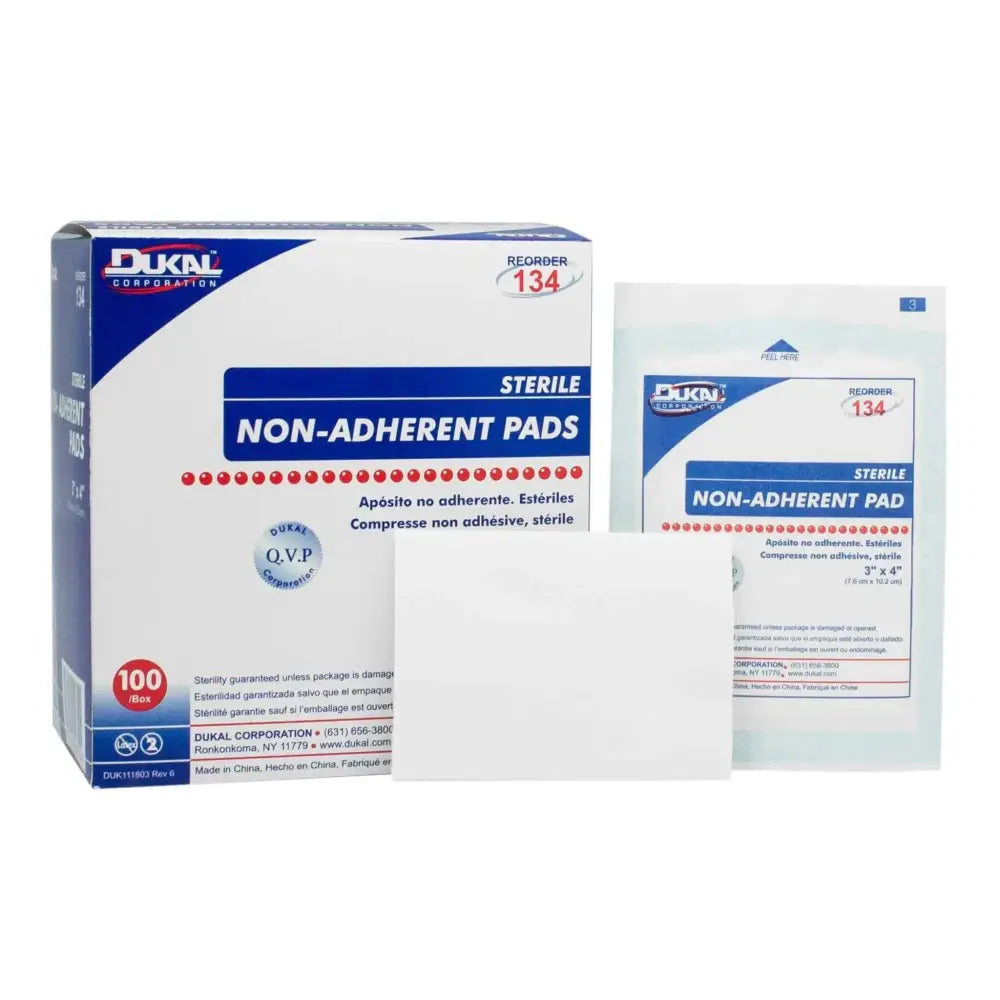 White 3x4 sterile non-adherent pad in clear plastic pouch with blue and white packaging for wound site care
