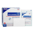 White 3x4 sterile non-adherent pad in clear plastic pouch with blue and white packaging for wound site care