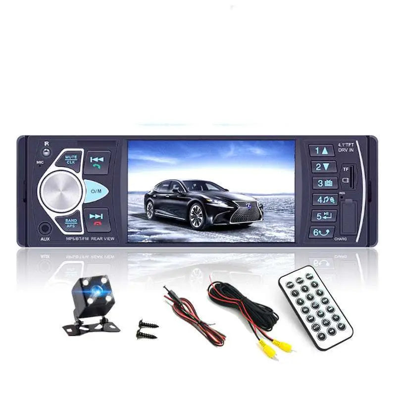 Black 4.1 inch large screen bluetooth car mp5 player with silver control buttons built-in rearview camera and remote control