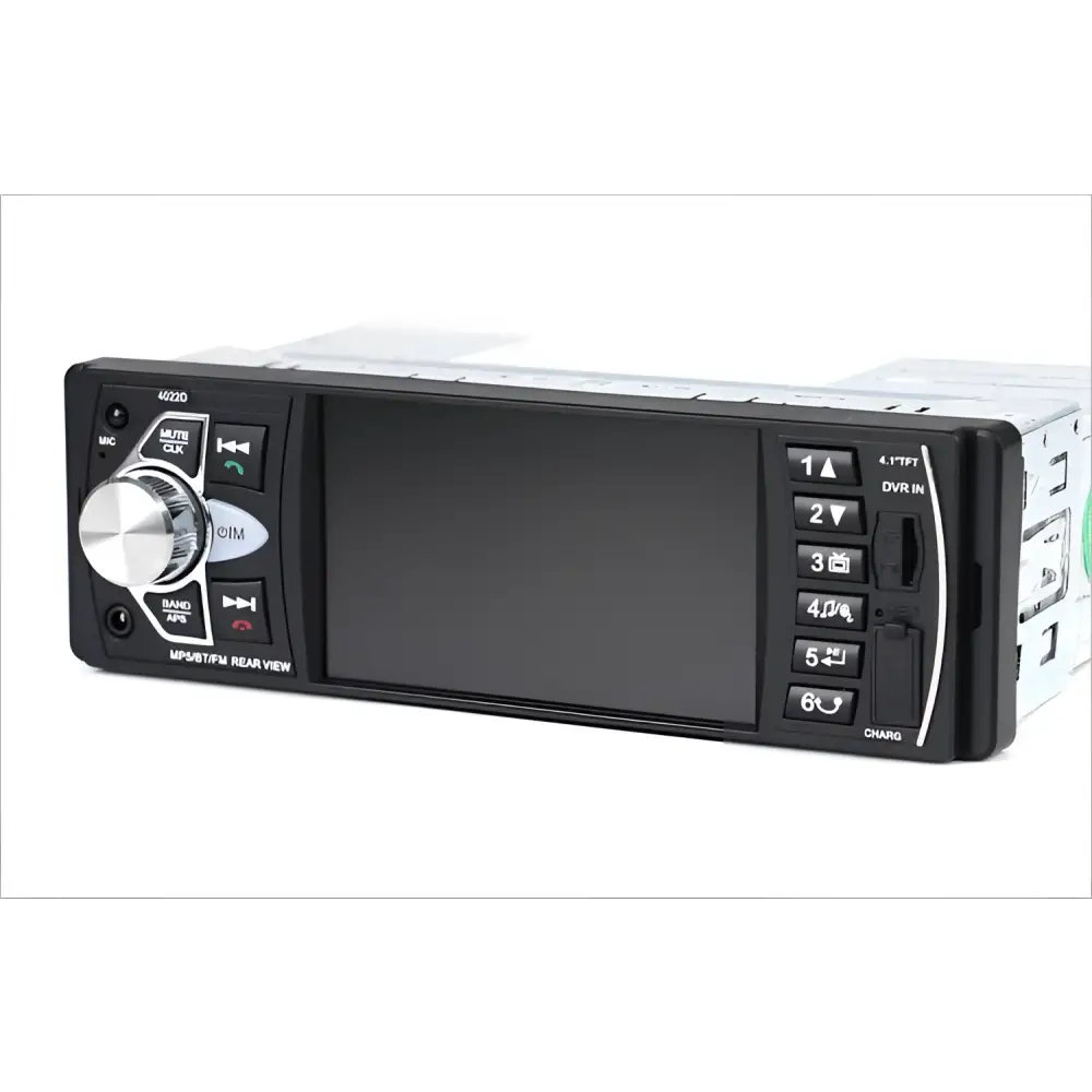 Black car mp5 player with 4.1 inch large screen bluetooth car display and silver control dial with rearview camera