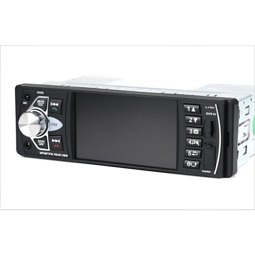 Black car mp5 player with 4.1 inch tft screen, silver control dials, and buttons for mp3 usb fm and rear view camera input