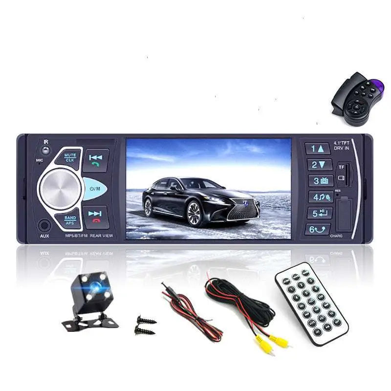 Black 4.1 inch large screen bluetooth car mp5 player with silver control buttons for audio and navigation use