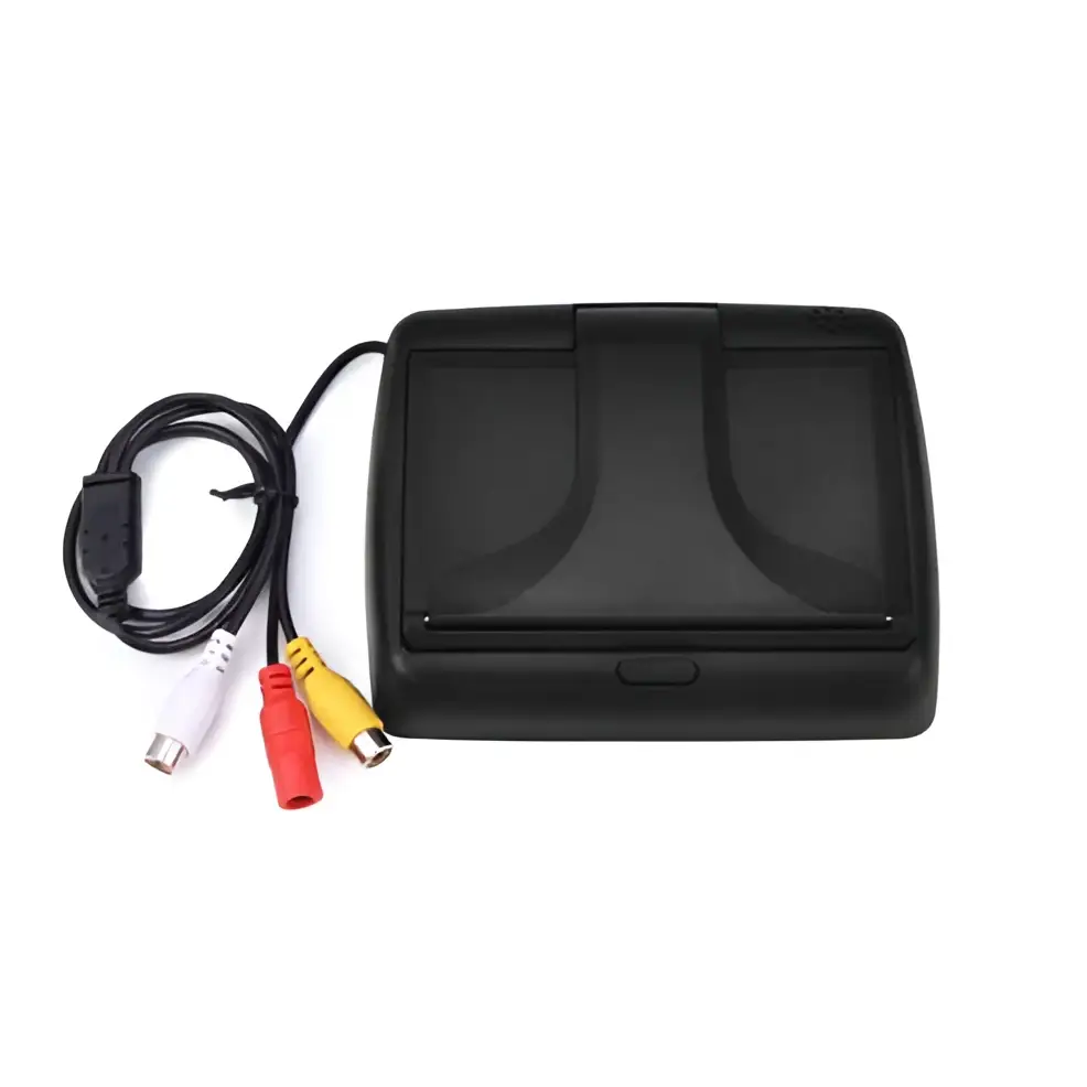 Black plastic 4.3 inch car baby rearview monitor with rca connectors and coiled cable for mirror observation camera use