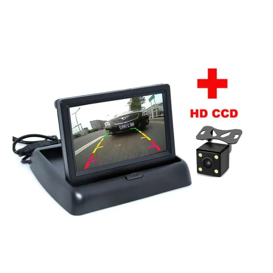 Black hd ccd car baby rearview mirror observation camera system with lcd monitor and mounting bracket shown from the back side