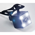 Black square-shaped car baby rearview mirror observation camera with four white led lights and mounting bracket visible from back side