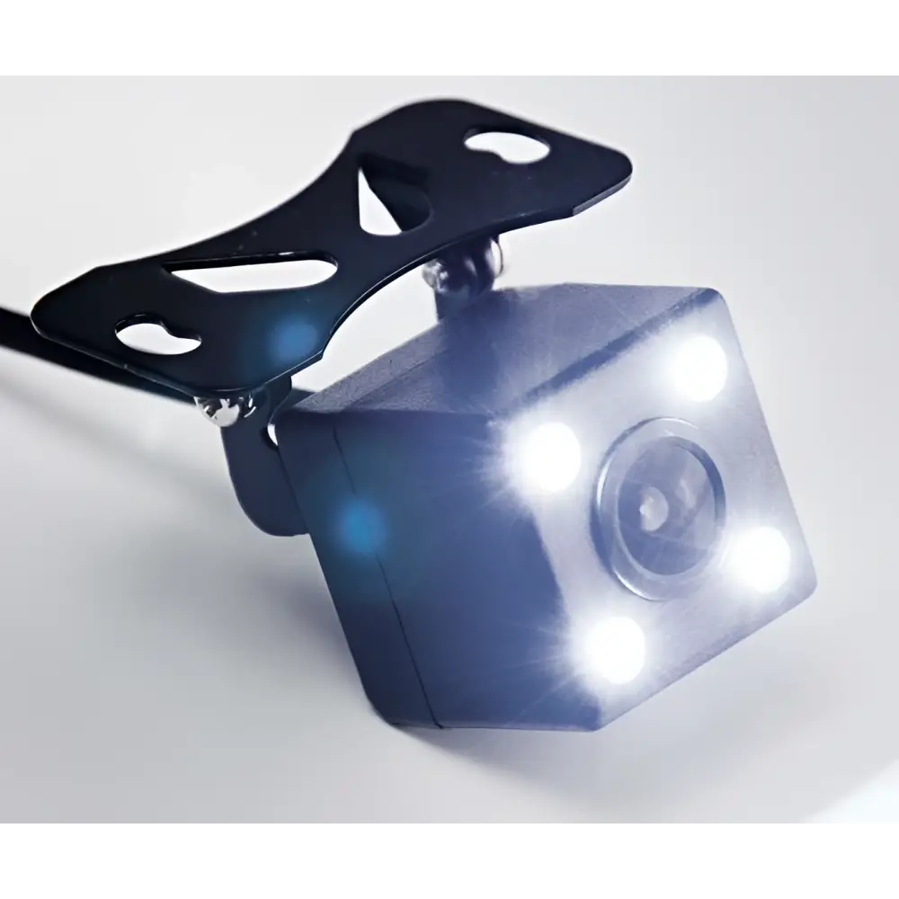Black square-shaped car baby rearview mirror observation camera with four white led lights and mounting bracket visible from back side