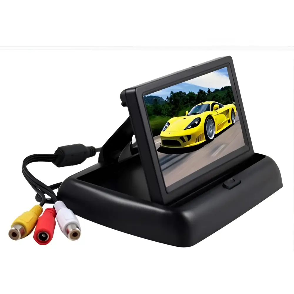 Black 4.3 inch car baby rearview mirror observation camera with screen displaying yellow sports car and rca cables