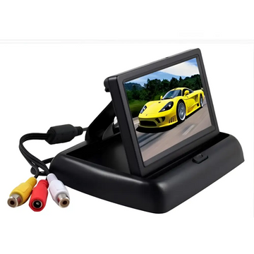 Black 4.3 inch car baby rearview mirror observation camera with screen displaying yellow sports car and rca cables