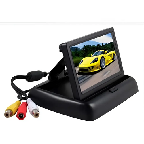 Black 4.3 inch car baby rearview mirror observation camera with screen displaying yellow sports car and rca cables