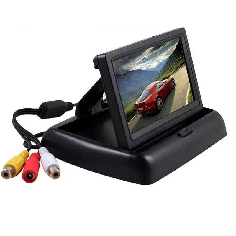 Black plastic 4.3 inch car rearview monitor with adjustable stand displaying red sports car and three rca connectors for size dresses bikinis use